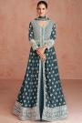 Dusty Teal Embroidered Georgette Anarkali Dress With Skirt
