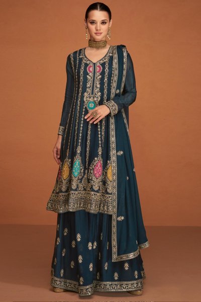 Stunning  Dusty Deep Blue Chinon Silk Embroidered  Sharara Set