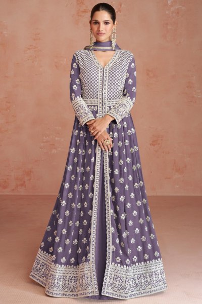 Lavender Embroidered Georgette Anarkali Dress With Skirt