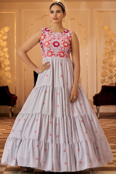 Grey Georgette Embroidered Indo-Western  tiered Anarkali style Dress