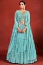 Ready To Wear Turquoise Georgette Embroidered Tiered Lehenga With Jacket