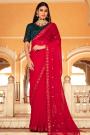 Red Chinon Embroidered Saree