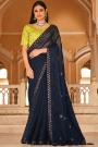 Navy Blue Chinon Embroidered Saree