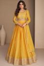 Yellow Chinon Silk Embroidered Anarkali Dress With Belt