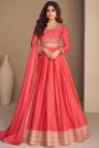 Coral Chinon Silk Embroidered Anarkali Dress With Belt