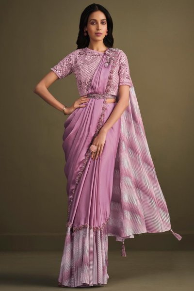 Pre-Draped Quick Wear Lilac Pink Satin Silk Designer Embellished Saree With Belt