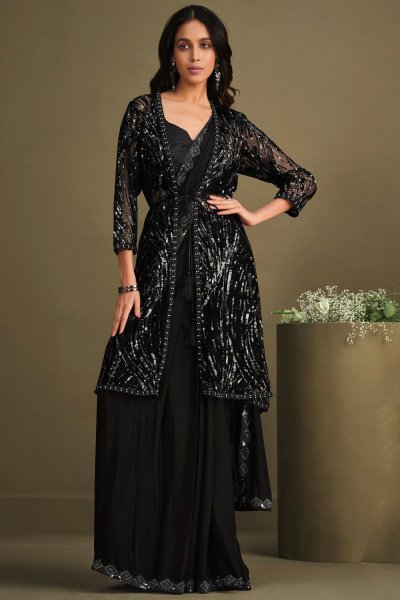 Pre-Draped Quick Wear Black Crepe Silk Designer Embellished Saree With a Net Jacket