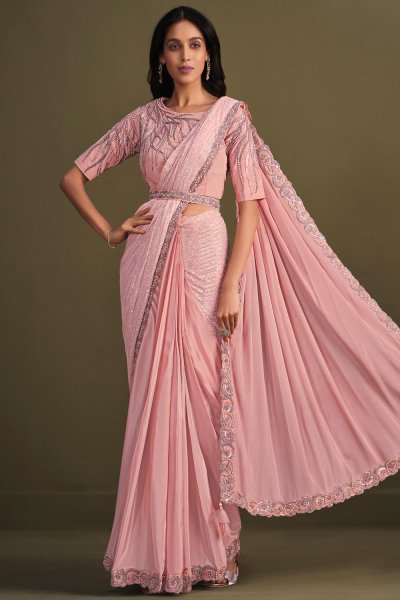 Pre-Draped Quick Wear Blush Pink Georgette Crepe-Silk Designer Embellished Saree With Belt