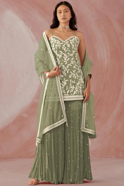 Sage Green Georgette Embroidered Kurta Set With Sharara