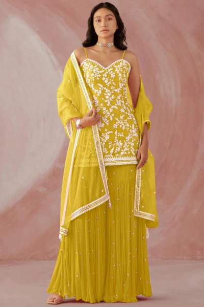 Yellow Georgette Embroidered Kurta Set With Sharara