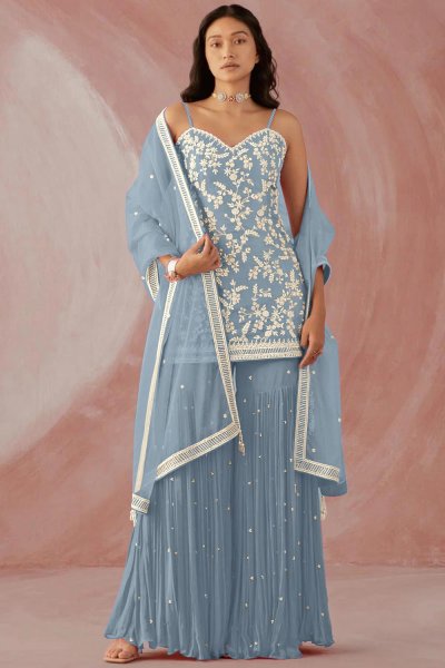 Powder Blue Georgette Embroidered Kurta Set With Sharara