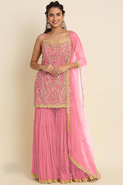 Blush Pink Georgette Embroidered Kurta Set With Sharara