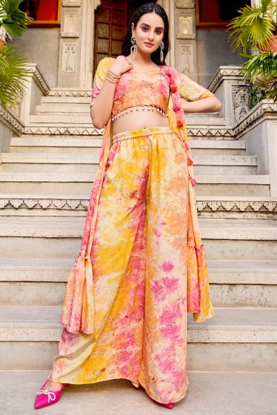 Ready To Wear Yellow & Pink Marbel Print Silk 3 Piece Indo-Western Attire