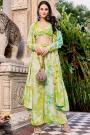 Ready To Wear Lime Green Marbel Print Silk 3 Piece Indo-Western Attire