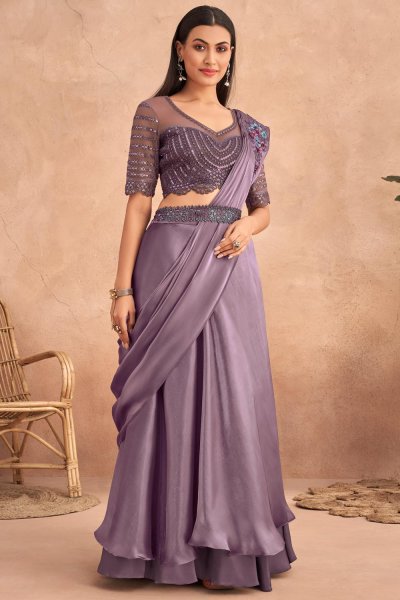 Lavender Designer Satin Saree Style Lehenga With Belt