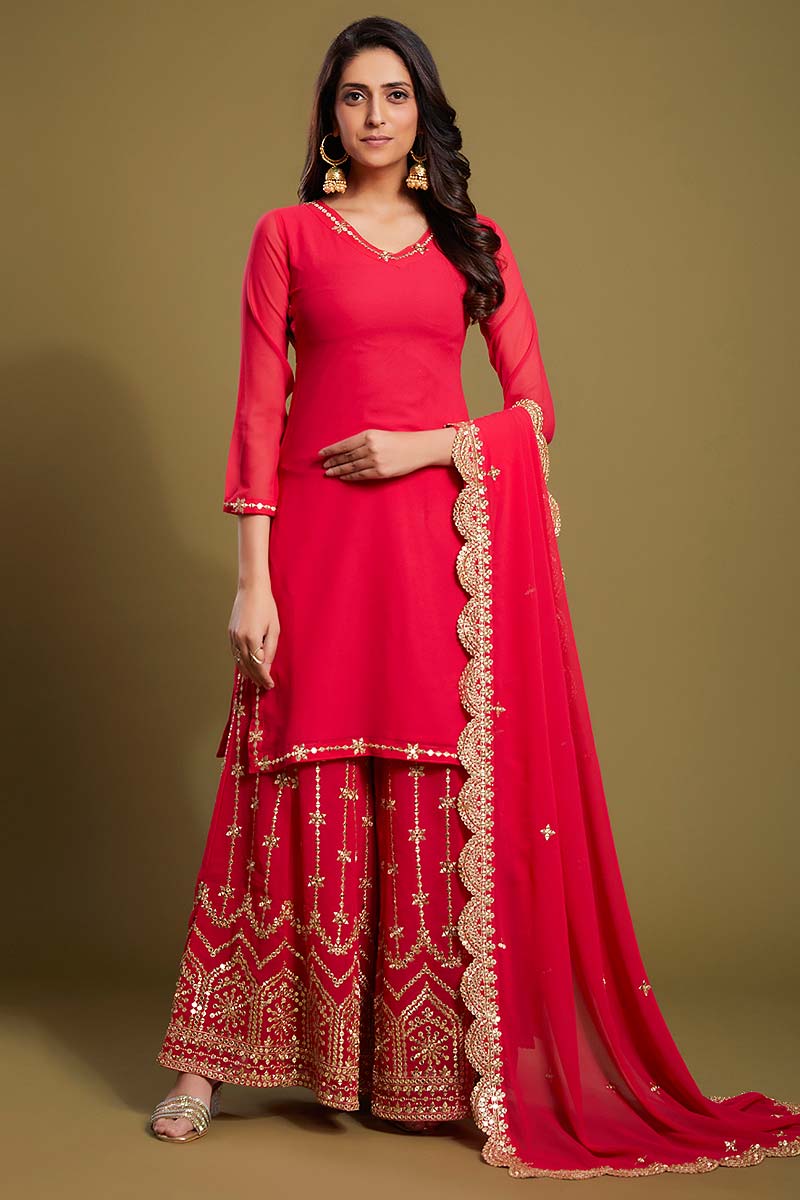 Women Red Fox Georgette Kurta Set With Pant And Duppata Set