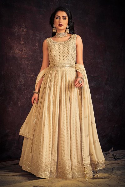 Ready To Wear Ivory Georgette Embroidered Anarkali Dress With Dupatta