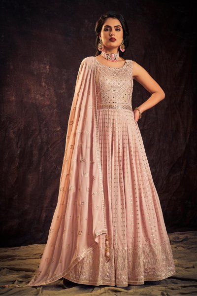 Ready To Wear Baby Pink Georgette Embroidered Anarkali Dress With Dupatta