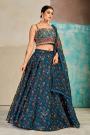 Ready To Wear Teal Blue Organza Silk Floral Printed & Embroidered Lehenga Set