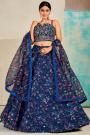 Ready To Wear Navy Blue Organza Silk Floral Printed & Embroidered Lehenga Set