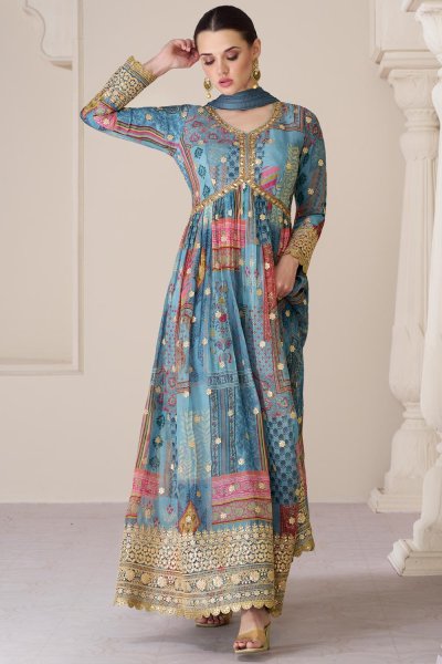 Soft Blue Organza Silk Printed & Embroidered Anarkali Dress
