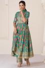 Teal Green Organza Silk Printed & Embroidered Floral Anarkali Dress