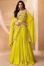 Ready To Wear Lime Green Georgette Embroidered Saree Style Lehenga With Jacket & Belt