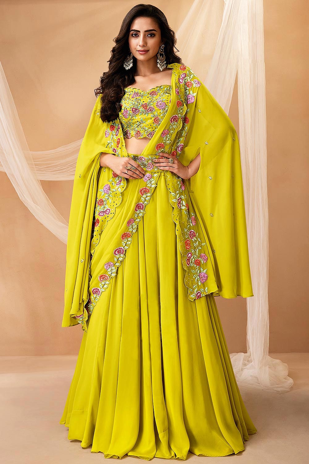 LIME GREEN GEORGETTE KURTA WITH RAW SILK TROUSER AND NET DUPATTA