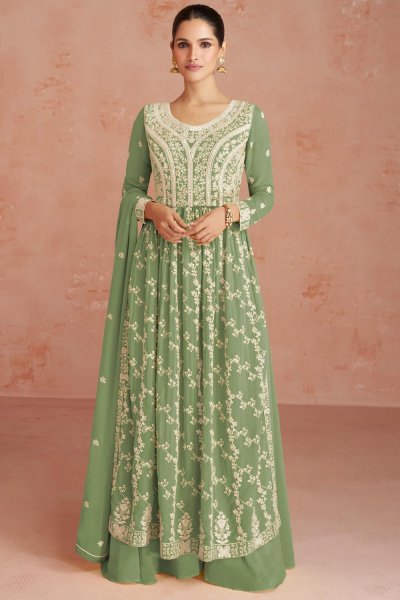 Pastel Green Georgette Embroidered Side Slit Anarkali Dress