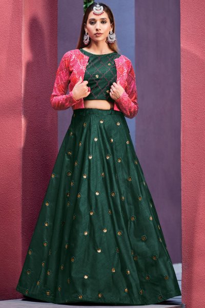 Bottle Green Silk Embroidered Skirt & Top Set With Jacket