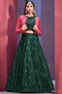 Bottle Green Silk Embroidered Skirt & Top Set With Jacket