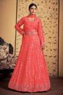 Ready To Wear Deep Coral Silk Embroidered Lehenga Set