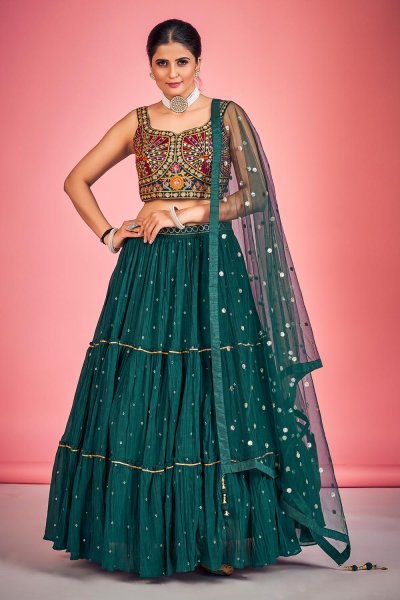 Ready To Wear Teal Green Georgette Embroidered Lehenga Set