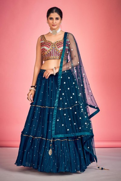 Ready To Wear Prussian Blue Georgette Embroidered Lehenga Set