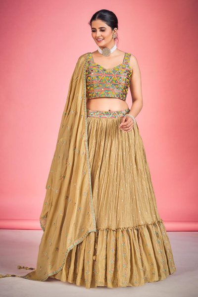 Ready To Wear Beige Georgette Embroidered Lehenga Set