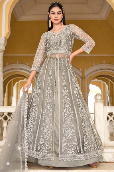 Silver Grey Net Embroidered Front Slit Anarkali Dress