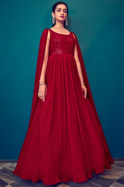 Ready To Wear Red Georgette Designer Anarkali Gown