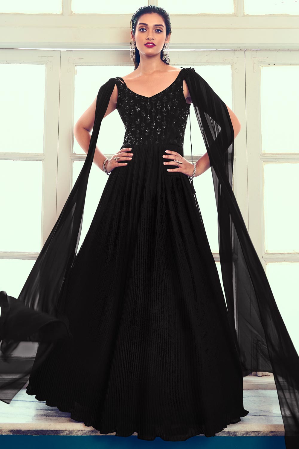 Black Real Georgette Jacket Style Anarkali Dress