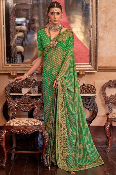 Green Lehariya Georgette Embroidered Saree