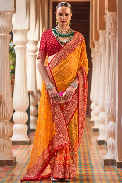 Mustard & Red Bandhani Georgette Embroidered Saree