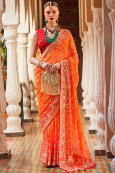 Orange & Red Bandhani Georgette Embroidered Saree