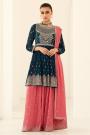 Navy Blue & Coral Georgette Embroidered Peplum Kurta With Sharara