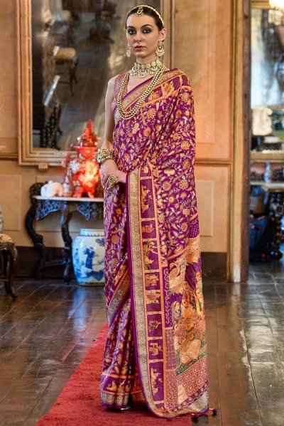 Plum Silk Patola  Printed & Embellished Saree