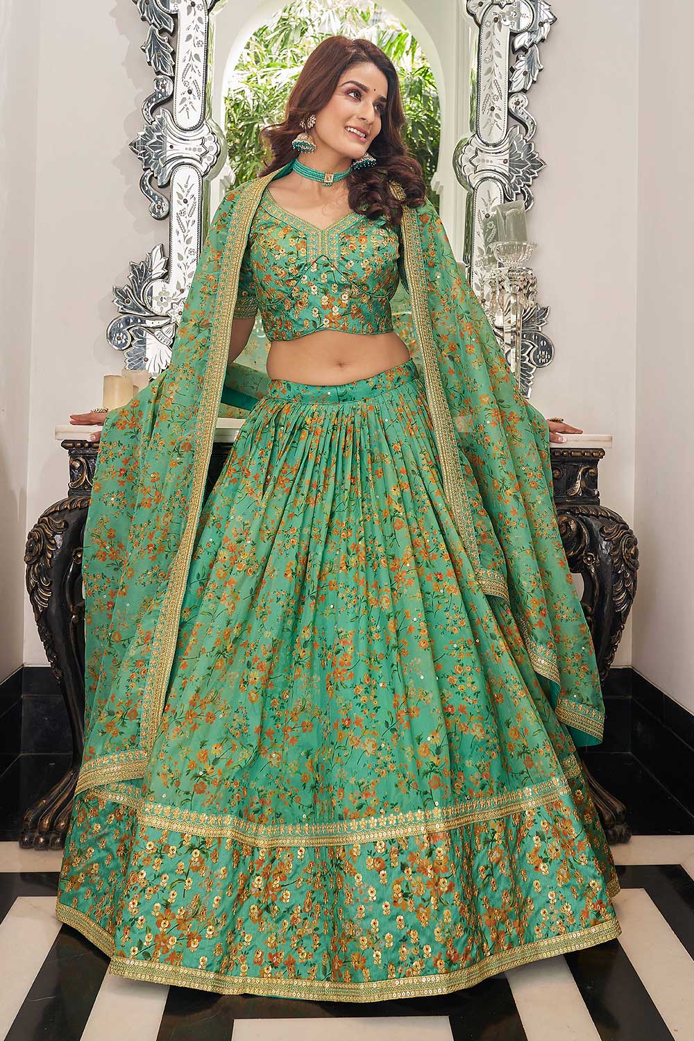 Raag Basant (Handpainted Green Lehenga on Pure Organza)