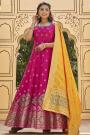Ready To Wear Magenta Jacquard Silk Anarkali Dress With Dupatta & Optional Sleeves