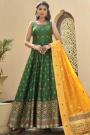 Ready To Wear Dark Green Jacquard Silk Anarkali Dress With Dupatta & Sleeves