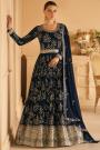 Deep Navy Blue Georgette Embroidered Anarkali Dress With Dupatta & Belt