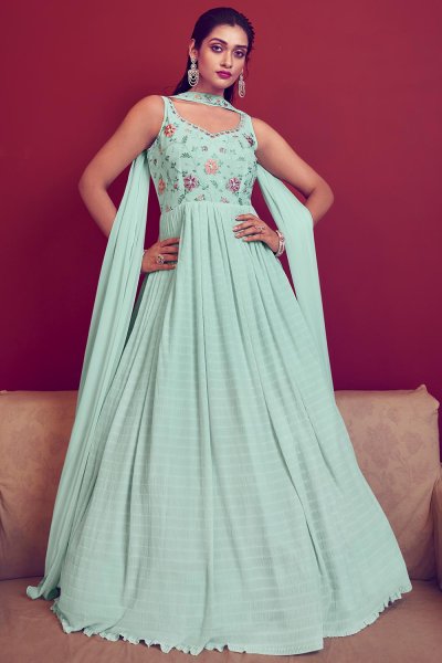 Ready To Wear Mint Green Georgette Designer Embroidered Anarkali Gown