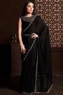 Black Silk Chiffon Stone Embellished Saree With Velvet Blouse & Belt