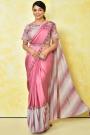 Pre-Draped Quick Wear Blush Pink Satin Silk Designer Embellished Saree With Belt